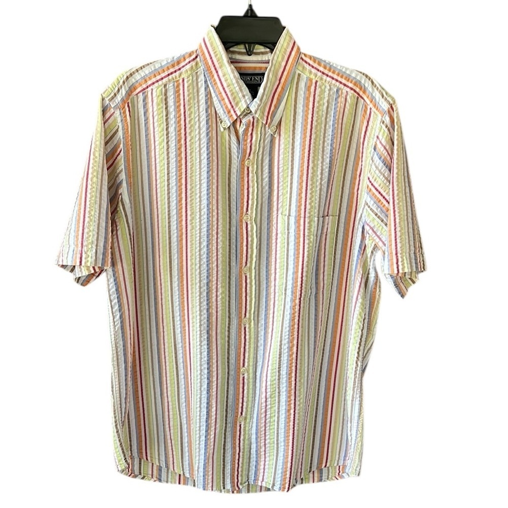 Land’s End Men’s M Seersucker Button-down Shirt Rainbow Stripe - Picture 1 of 7